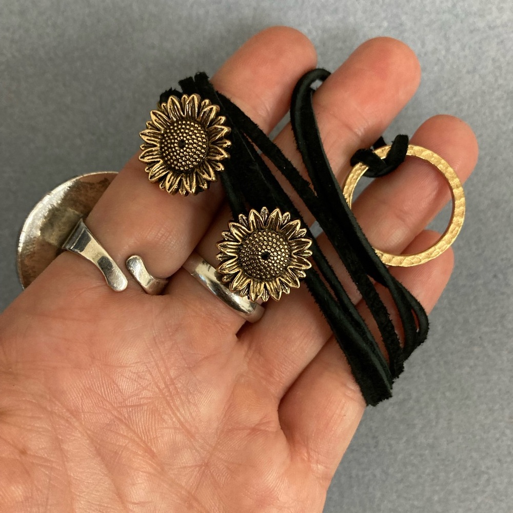 Gold Toned Sunflower Charm Lariat Necklace with Black Suede Cord